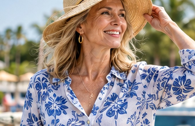 Woman enjoying a sunny coastal café